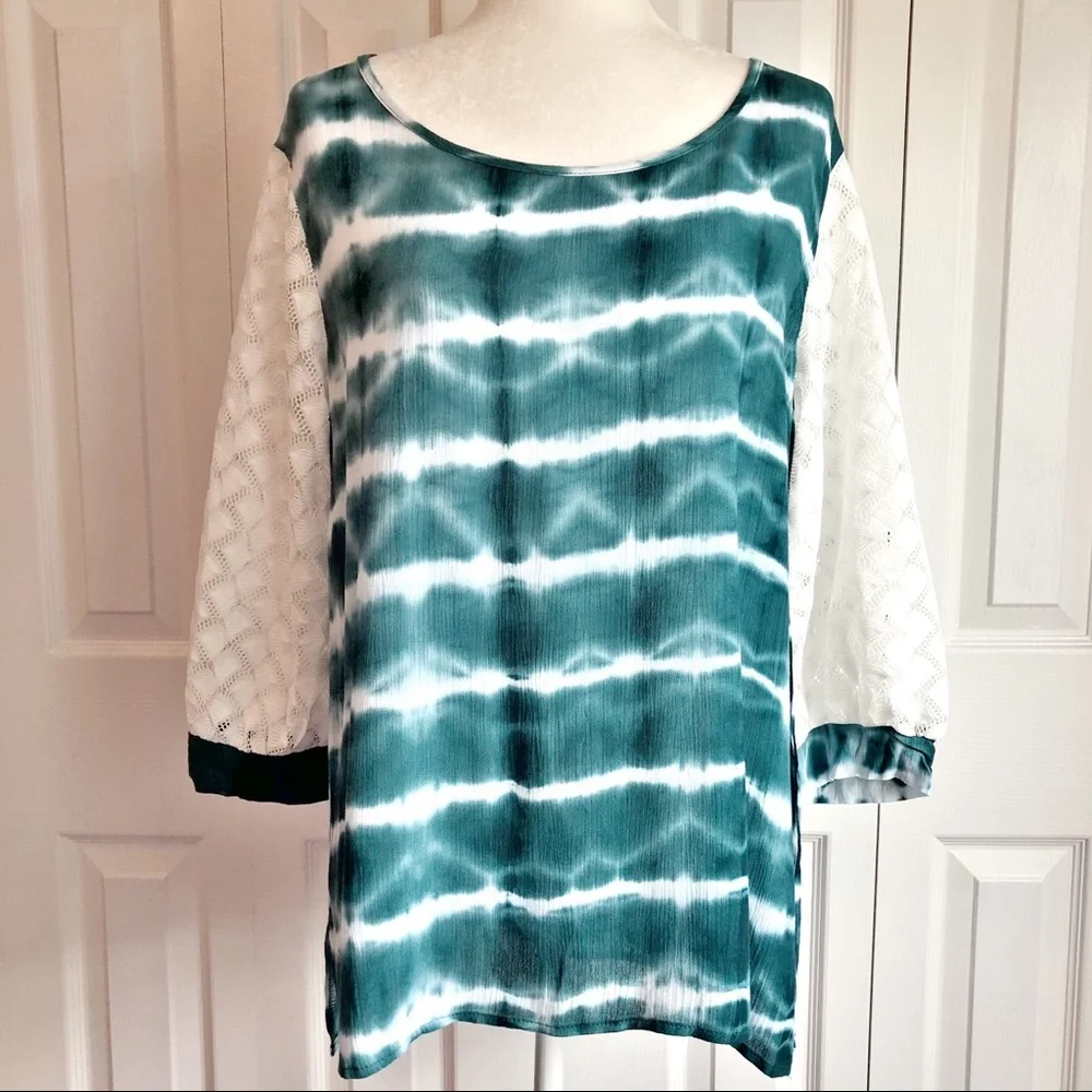 Weekend by Suzanne Betro Teal Green Tie Dye Print Blouse Large